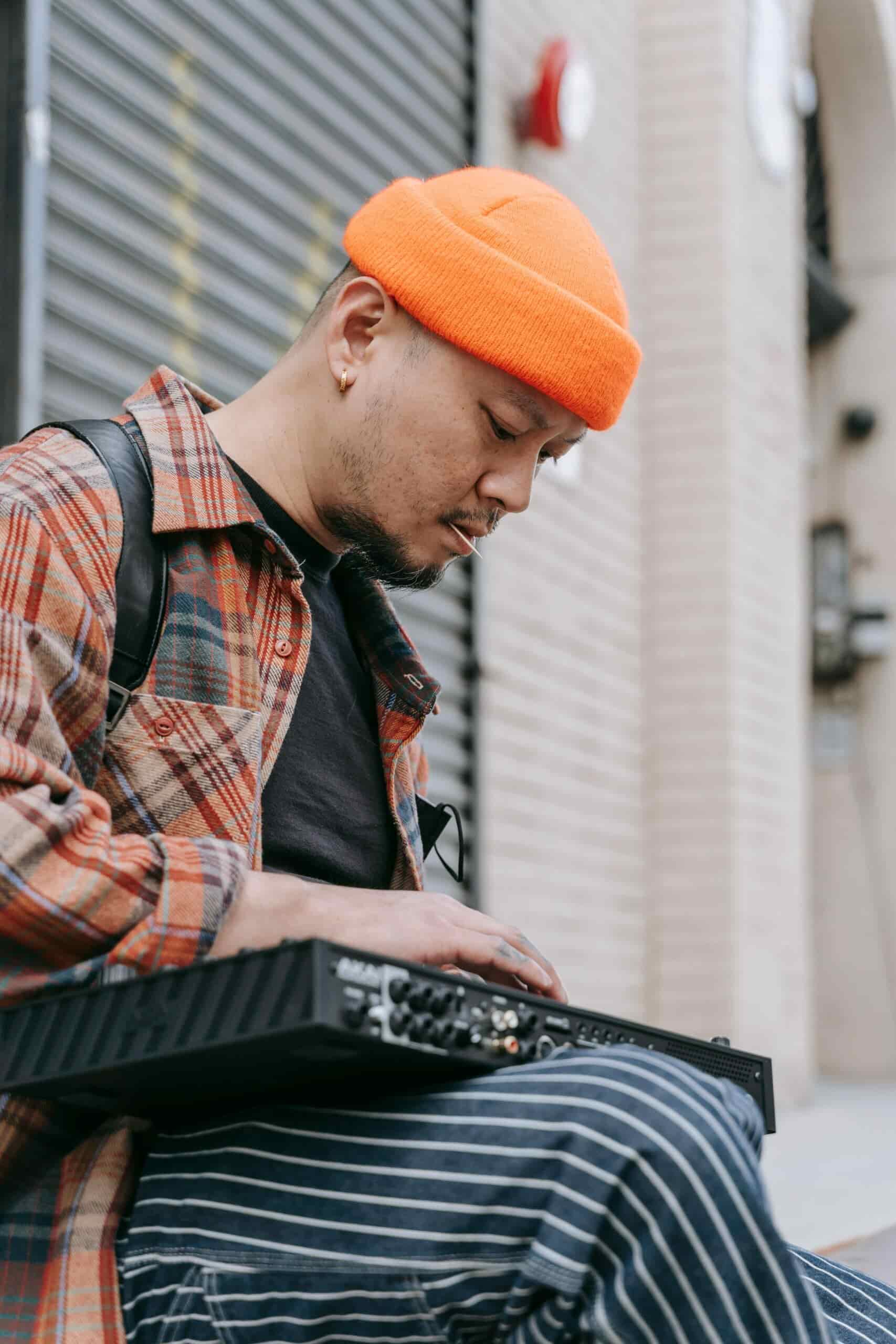 Man outside with a mixer