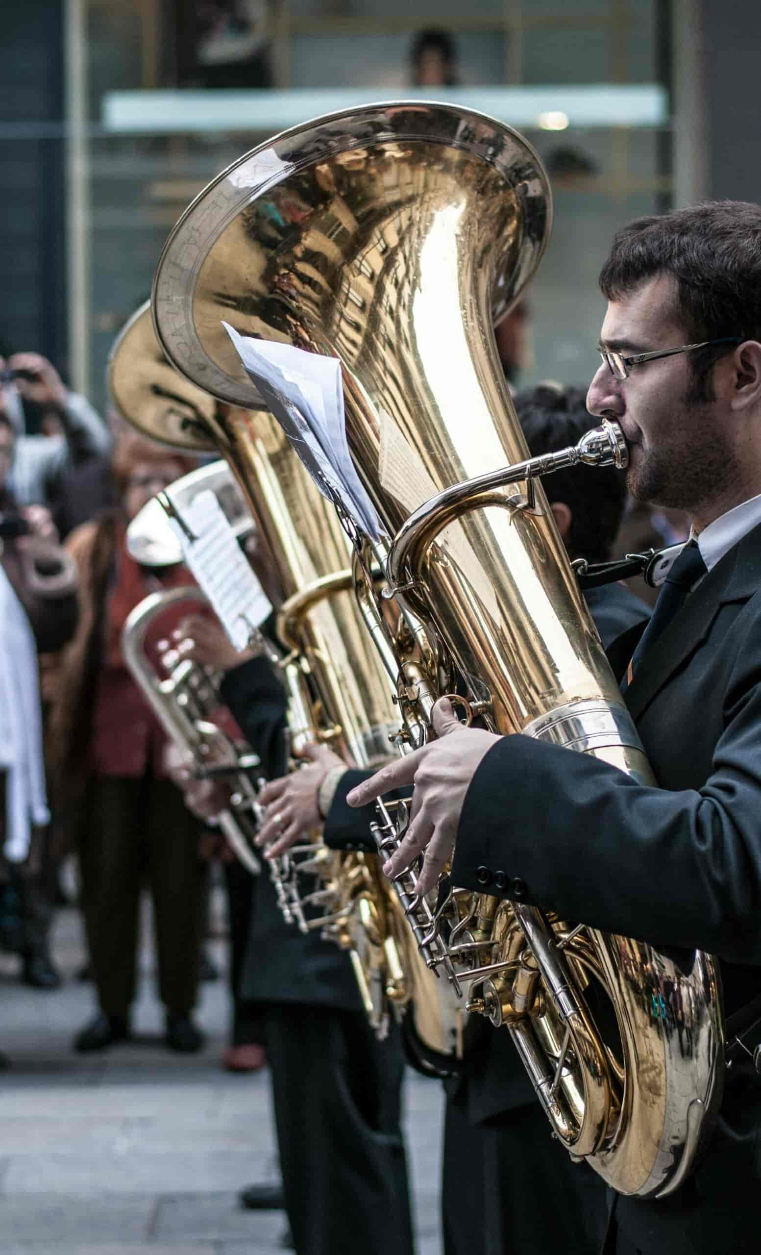 Man playing tuba in marching band