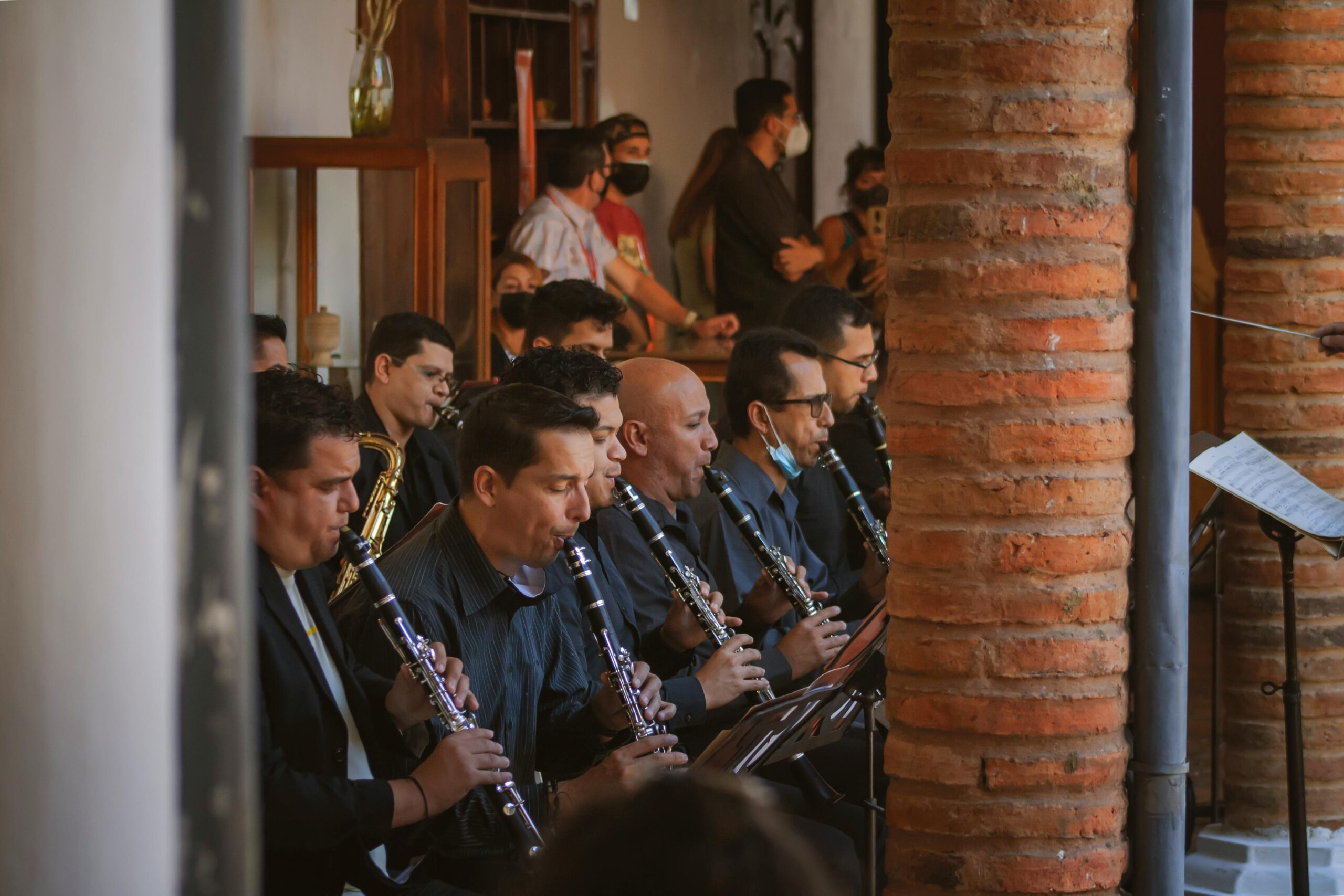 A row of clarinetists in an orchestra