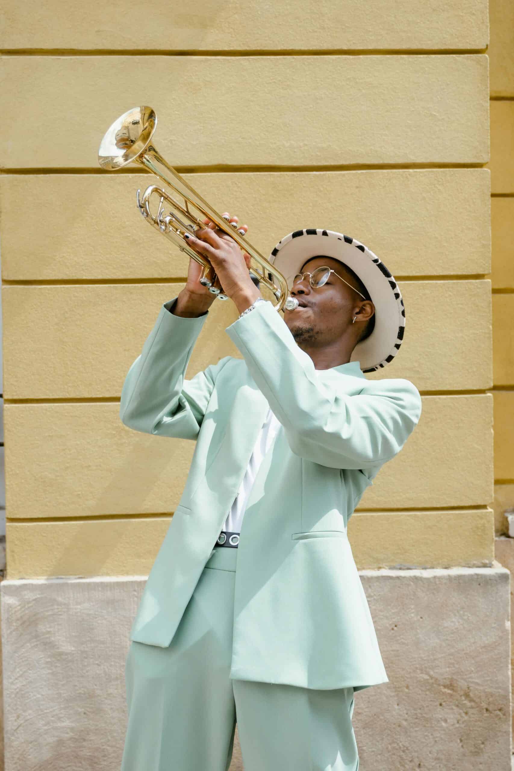 Man looking up with trumpet