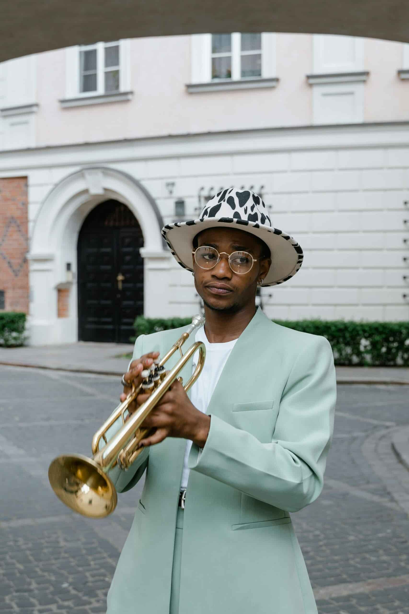 Trumpetist with concerned expression