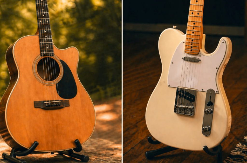 A side by side shot showing acoustic guitar vs electric guitar
