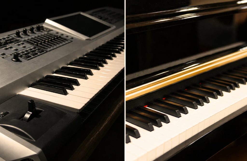 A side by side shot of a keyboard vs a piano