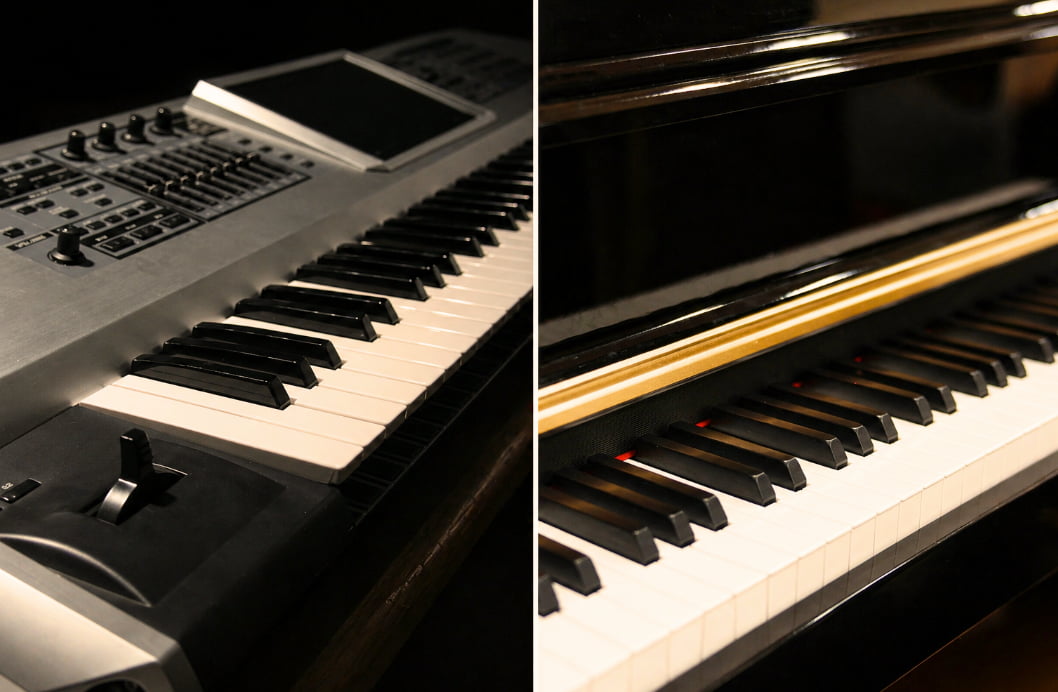 A side by side shot of a keyboard vs a piano