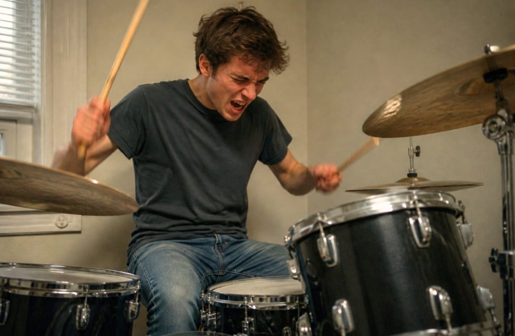 Drummer playing drums loudly