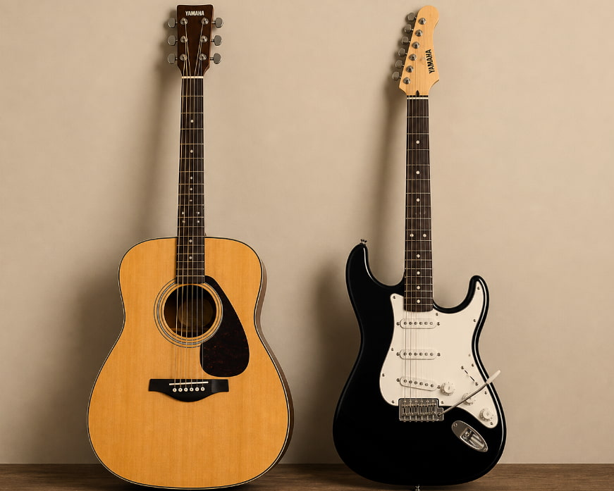Yamaha Acoustic guitar and electric guitar side by side