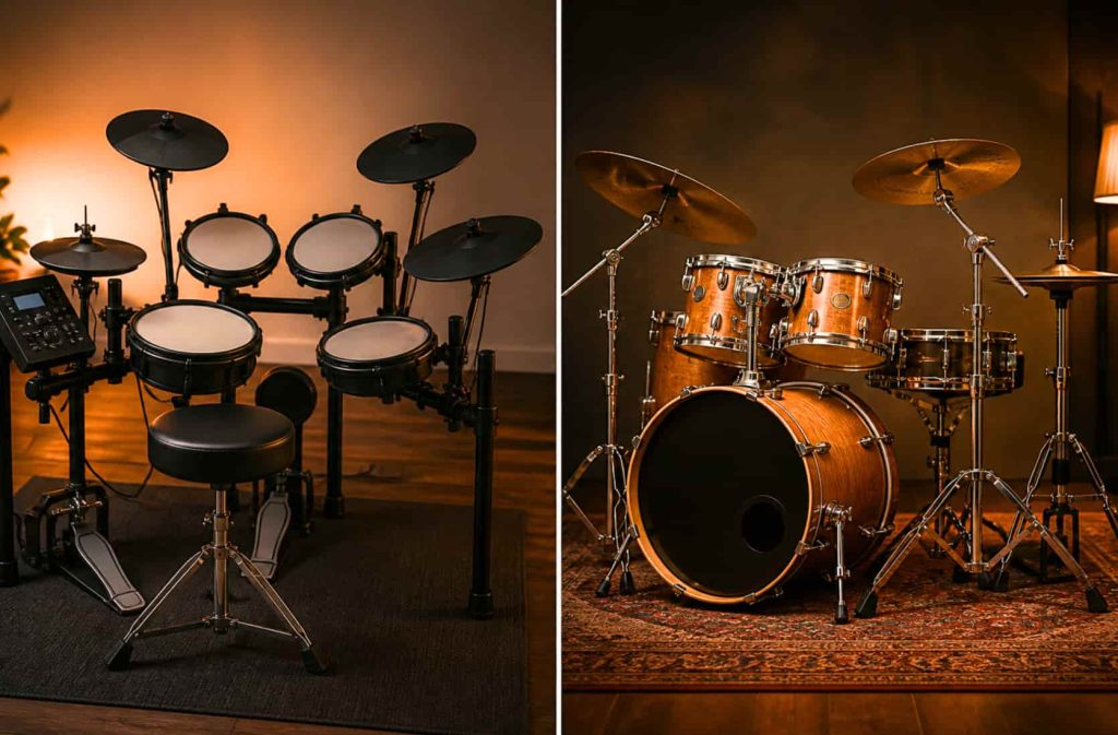 Electronic drum kit side by side with an acoustic drum kit