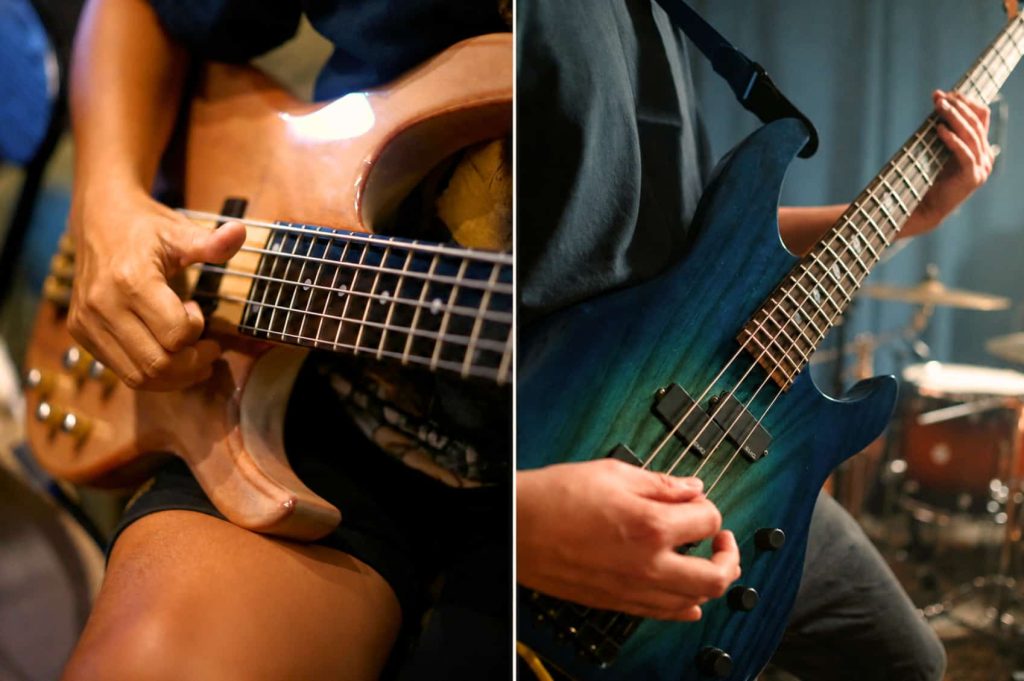 Side by side of 5 string bass guitar (left) and 4 string bass guitar (right)